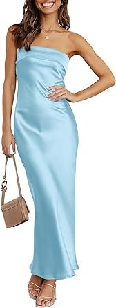 ANRABESS Women Summer Satin Strapless Tube Maxi Dress Sexy Backless Bodycon Elegant Wedding Guest Cocktail Maxi Dresses