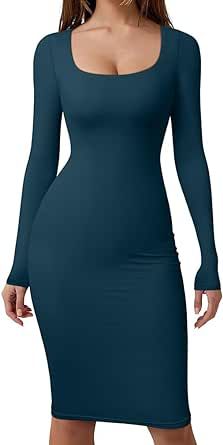 HYZ Women's Sexy Bodycon Long Sleeve Square Neck Work Party High Stretchy Midi Dress