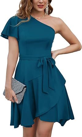 GRACE KARIN Women's Wedding Guest Dress Elegant One Shoulder Cocktail Skater Dress Ruffle Short Sleeve A Line Party Dresses